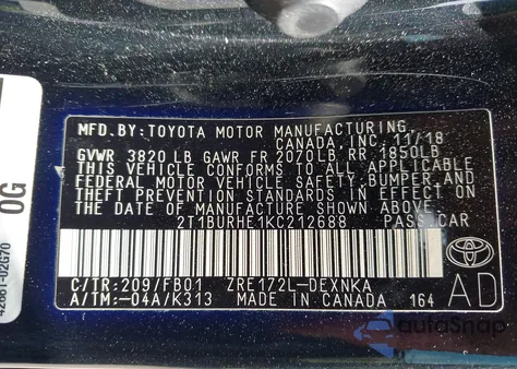 2019 Toyota Corolla Le z USA, uszkodzony, nr VIN 2T1BURHE1KC212688